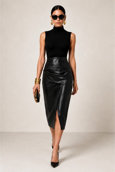 Grenj Fashion Μαύρο φόρεμα μίντι από συνθετικό δέρμα με ψηλό γιακά, εφαρμοστό...
