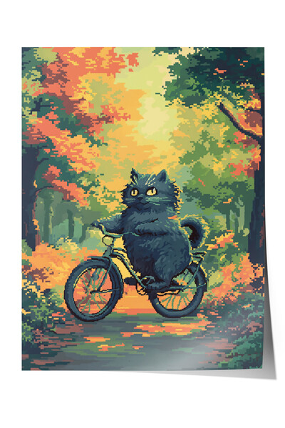 Zestia Poster Premium Pixel Art, Pisică pe bicicletă în toamnă, Decor pentru ...