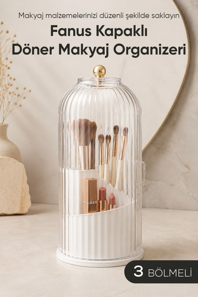 Vienev Fanus Kapaklı 3 Bölmeli Döner Makyaj Organizeri Şeffaf Kozmetik Fırça Düzenleyici Masaüstü Saklama Standı