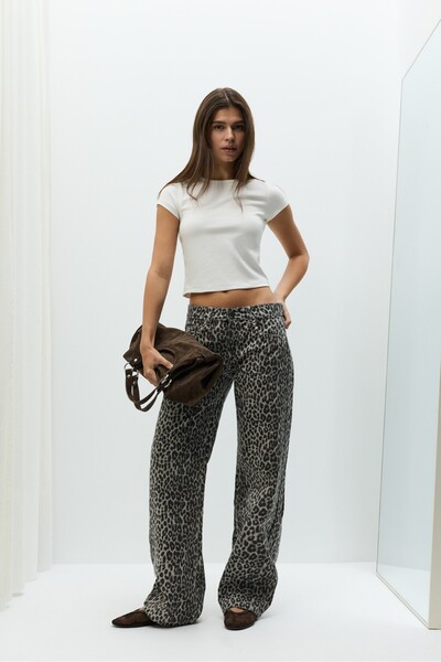 LEFTIES Zımba detaylı leopar desenli baggy jean