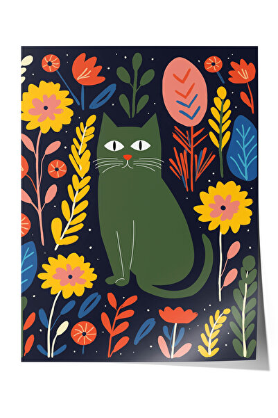 Zestia Naif Sanat Premium Poster, Cat and Wildflowers on a Navy Blue Backgrou...