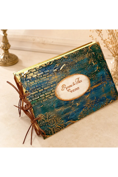 mixartstudio Carte de oaspeți personalizată din lemn pentru nuntă – verde pet...