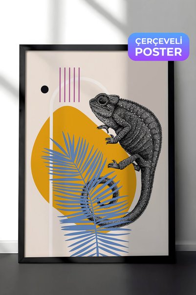 Zestia Crna uokvirena moderna grafička zidna umetnost, Kameleon među tropskim...