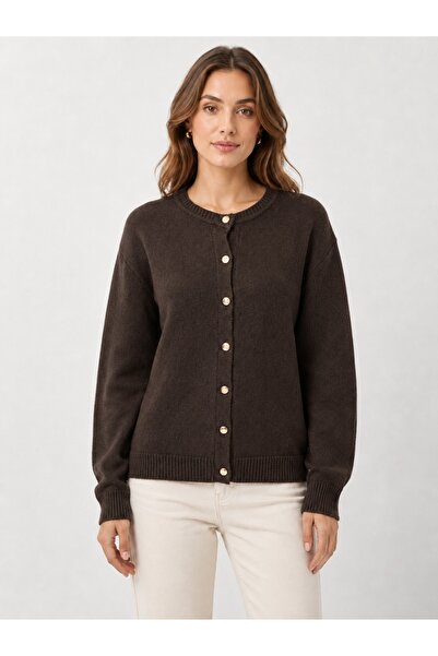 AlvaLuna Women's Gold Buttoned Crew Neck Ribbed Knit Cardigan