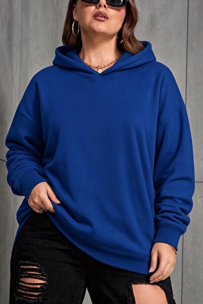 Oksit Bery Women's Large Size Oversized Basic Hooded Two-Thread Cotton Sweats...