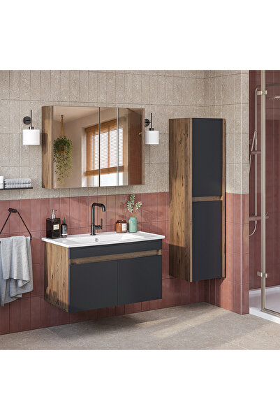 ROOMART '' Lavabolu '' Mat Mdf 80 Cm Banyo Alt Dolabı + Aynalı Üst Dolabı + B...