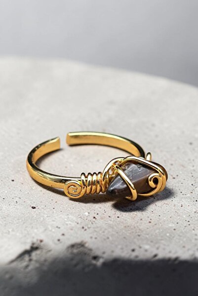 NBS Beautiful Naturel Stones Women's Minimal Tiger's Eye Stone Ring Gold Color