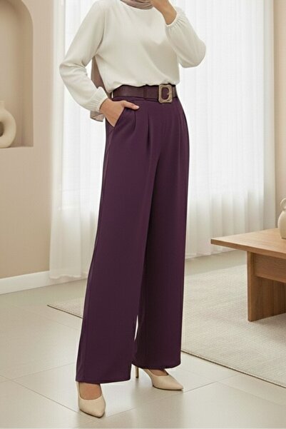 HİJABAYA Buckle Belted, Folded Waist, Wide Leg Modal Double Pocket Hijab Crep...
