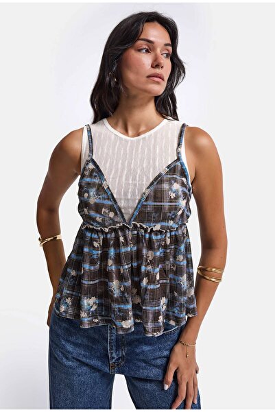 it's basic Women's Blue Plaid One-Piece Waist-Sitting Design Blouse