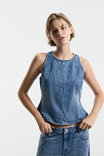 LEFTIES Parıltılı denim peplum top