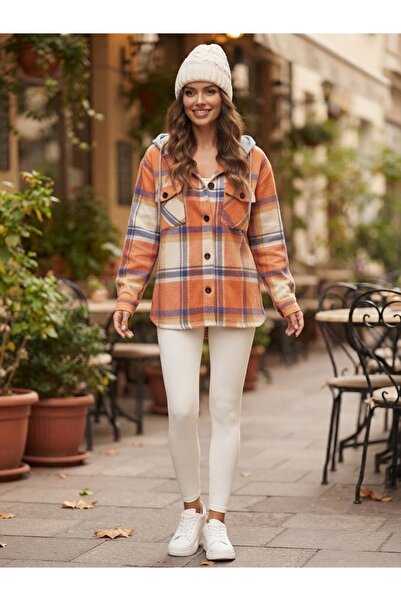 Polologin Butik Hooded Pocketed Plaid Patterned Thick Shirt Jacket (Orange/Blue)
