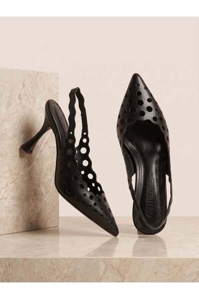Güllü Shoes Black Matte Pointed Toe Slingback Heeled Shoes Perforated Laser C...