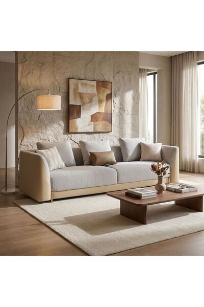 Danube Home Averie 3 Seater Fabric/Faux Leather Sofa Camel/Beige, Interior Fu...