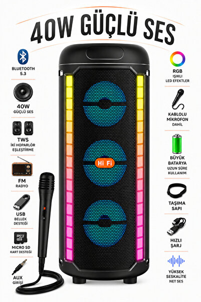 Zineets Bluetooth Hoparlör Parti Hoparlörü Karaoke Mikrofon Hediyeli Işıklı S...