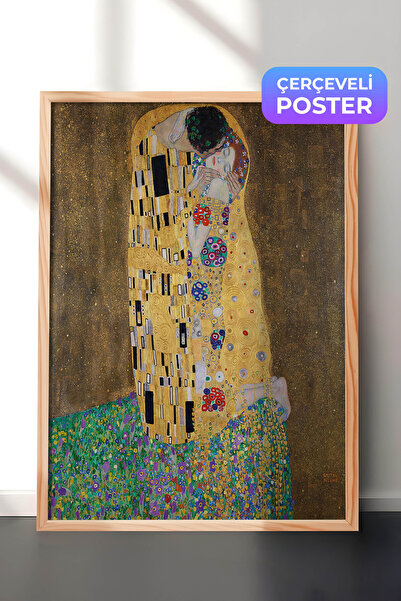 Zestia Ahşap Çerçeveli Gustav Klimt Duvar Tablosu, Öpücük, The Kiss Altın Dön...