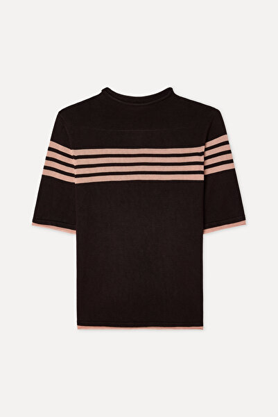 Mudo Women's Brown Striped Fitted Crew Neck Short Sleeve Knitwear Sweater