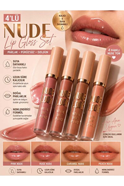 VitaMood Yaşam 4’lü Nude Lip Gloss Seti – Kalıcı ve Suya Dayanıklı Dudak Parl...