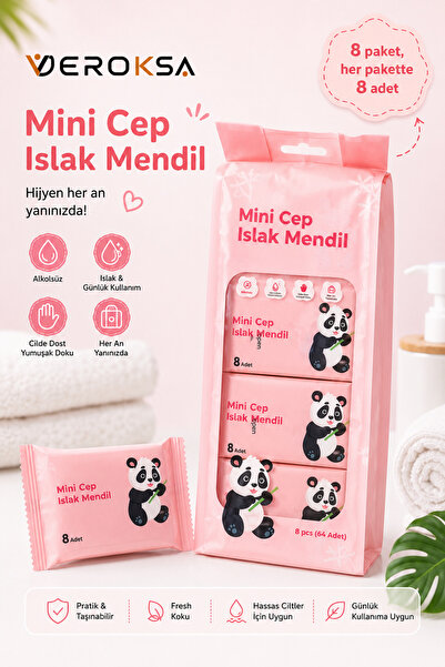 VEROKSA PEMBE Mini Cep Islak Mendil 8 Paket 64 Adet – Taşınabilir Cep Boy, Al...