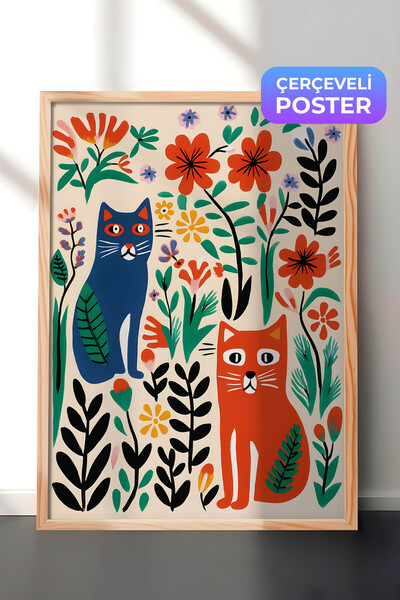 Zestia Naive Art Wall Painting with Wooden Frame, Two Cats in Flower Garden, ...