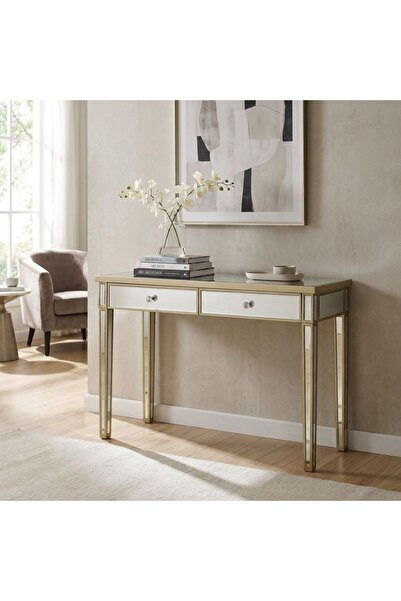 Danube Home Rizza Console Table With Mirror- Glass/Beige, LED Mirror For Bath...
