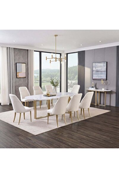 Danube Home Augusta 1+8 Marble Top Dining Set White Grey/Matt Champagne Gold