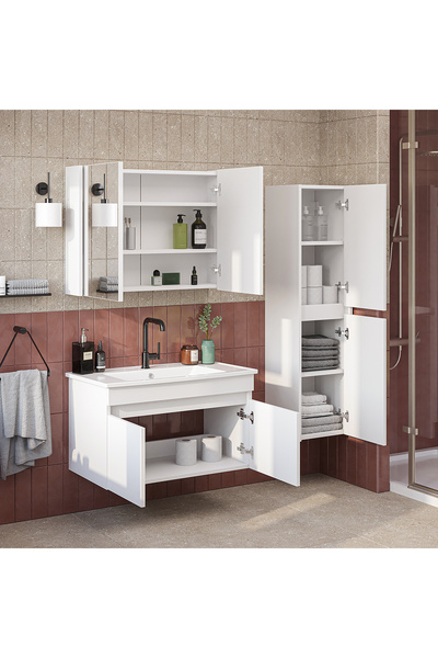 ROOMART '' Lavabolu '' Mat Mdf 80 Cm Banyo Alt Dolabı + Aynalı Üst Dolabı + Banyo Boy Dolabı , Banyo Dolabı Seti