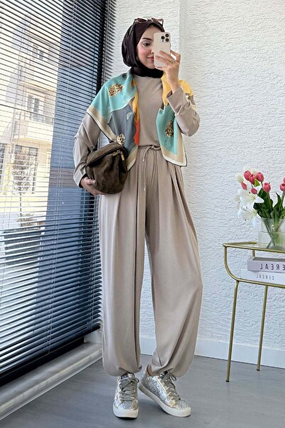 MELEK ARAZ Premium Şalvar Kesim Double Face Pantolon Takım - Taş