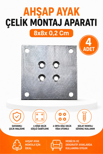 Dünya Sünger 4 Adet Ahşap Ayak Çelik Montaj Aparatı 8 x 8 x 0,2 cm – 4 Köşe D...
