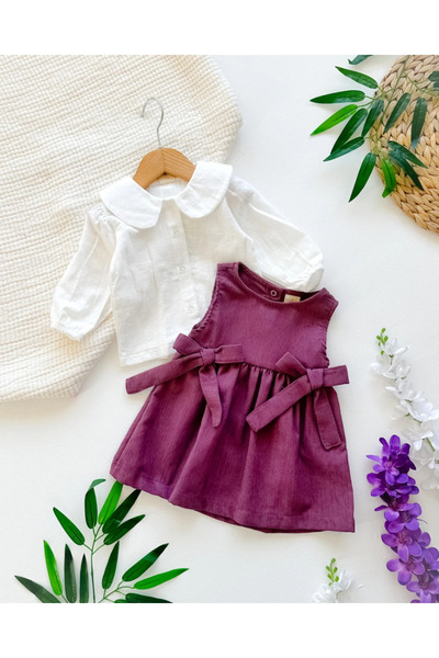 hümabebe Fitilli kadife elbiseli keten gömlekli mevsimlik 2 parça kız bebe set