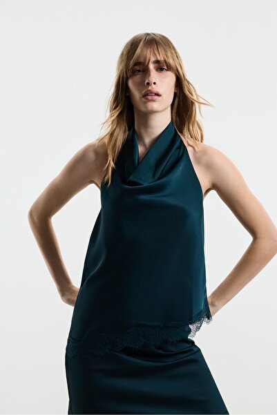 LEFTIES Saten yüzeyli halter yaka top