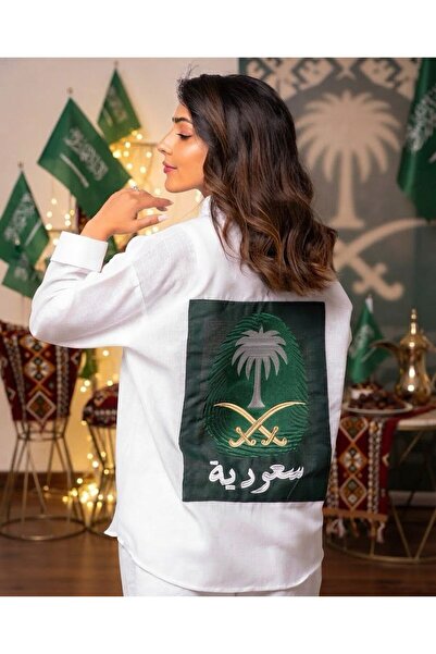 aram قميص اليوم الوطني السعودي قماش كتان لنن بتطريز شعار سيفين ونخلة