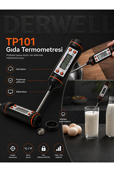 Derwell Yeni 2026 TP101 Profesyonel Mutfak Tipi Saplama Derece Dijital Likit ...