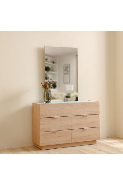 Danube Home Float 6 Drawers Dresser With Glass Top And Mirror-Natural Oak