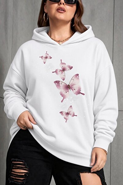 Oksit Sw Butterfly Printed Women's Large Size Oversized Hooded Two-Thread Cot...
