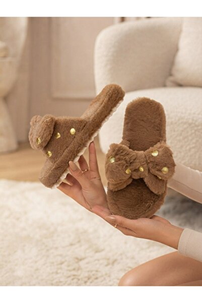 Mare Bowknot Polka Dot Foil Patterned Furry Fluffy Plush House Slippers