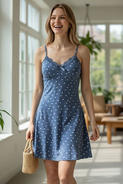 TooHot Women's Navy Blue Heart Lace Detailed Nightgown
