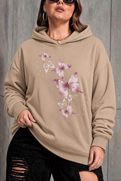 Oksit Sw Butterfly Printed Women's Large Size Oversized Hooded Two-Thread Cot...