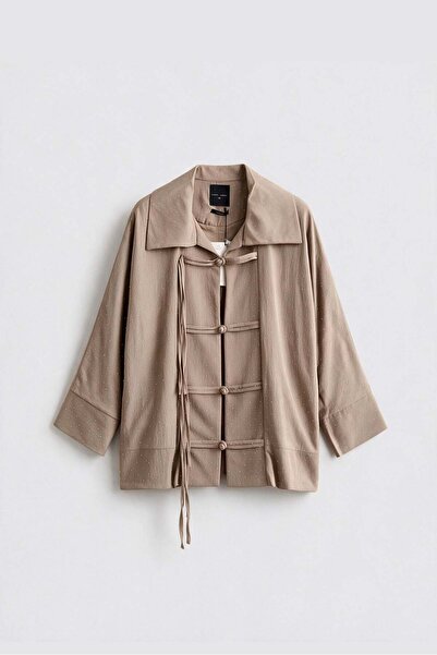 Suziş Mink Lininged Stone Printed Shirt Jacket with Knot Detail Per9789