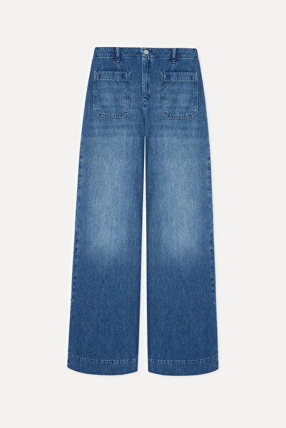 Mudo Women's Indigo Embroidered Wide Leg Trousers with Front Pockets