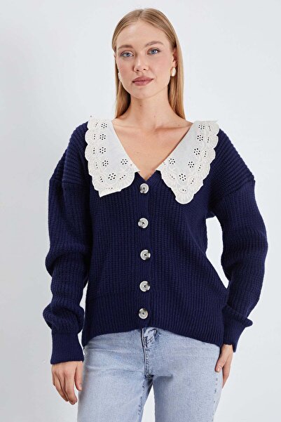 Fulla Moda Lace-Up Baby Collar Buttoned Knitwear Cardigan