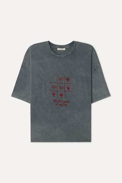 Mudo Women's Gray Embroidered Loose Fit Crew Neck T-Shirt