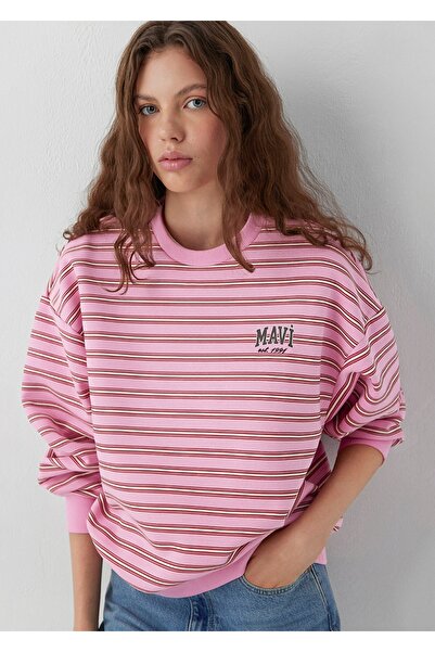 Mavi Hanorac de damă cu dungi, cu guler tip crewneck și croială lejeră.