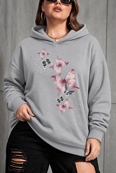 Oksit Sw Butterfly Printed Women's Large Size Oversized Hooded Two-Thread Cot...