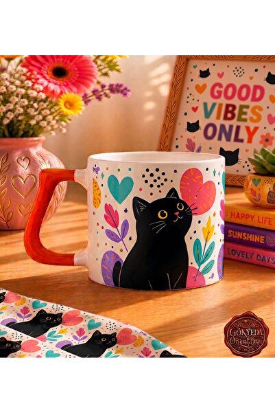 GÖKYEDA Siyah Kedi ve Gökkuşağı Tasarımlı Seramik Kupa Bardak Çay Kahve Fincanı