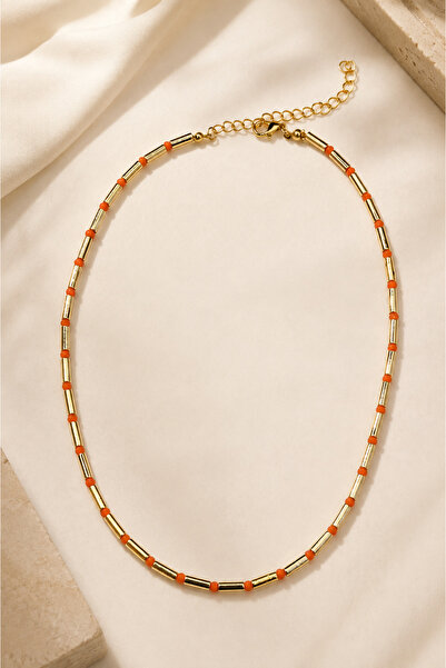 Alexis Carrel Lunera Gold Cylinder Bead Detailed Orange Beaded Women's Necklace