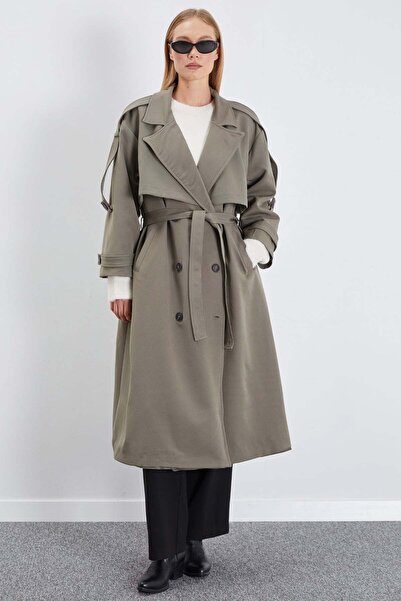 Fulla Moda Double-Breasted Collar Belted Trench Coat with Cape Detail