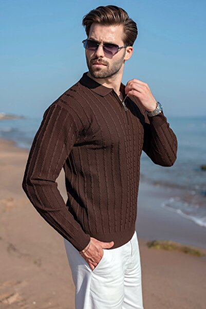 Madmext Brown Polo Collar Knitted Patterned Knitwear Men's Sweater E7507