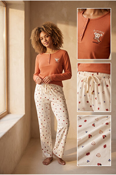 Katia&Bony Kadın Lovely Winter Köpek Nakışlı Kiremit Rengi Pijama Takımı