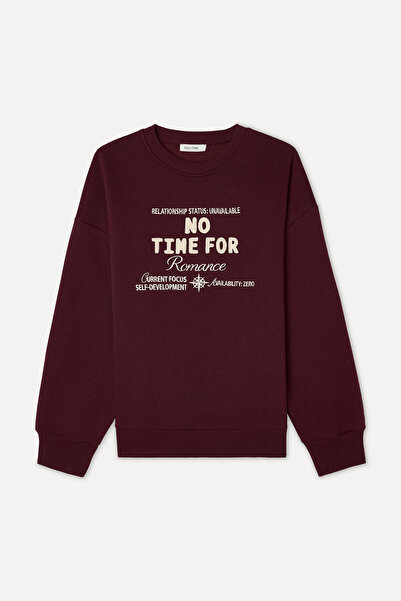 Mudo Women's Burgundy Embroidered Oversize Crew Neck Sweatshirt