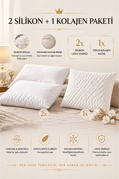 MADAME QUEEN 3-Piece Pillow Set: 2 Silicone Pillows 50X70Cm + 1 Visco Collage...
